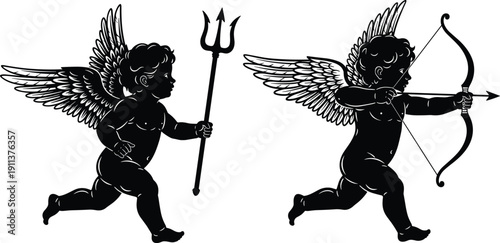 Cupid Angel Silhouette with Trident and Bow Arrow Flying Illustration Symbol of Love and Mythology on White Background