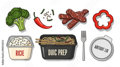 Colorful meal prep ingredients with halftone style and labeled