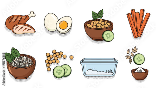 Healthy ingredients in pop art style: chicken, eggs, quinoa