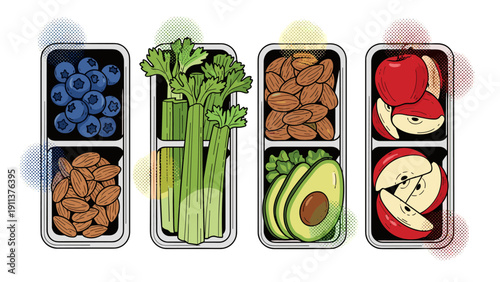 Healthy snack boxes with fruits and nuts in modern pop art style