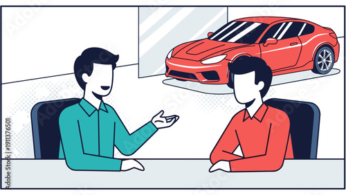 Business meeting discussion in modern office with car display