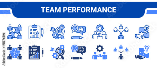Team Performance Icon Collection,  featuring Team building, Performance assessment, Goal setting, Feedback, Employee engagement, Delegation, Problem solving.