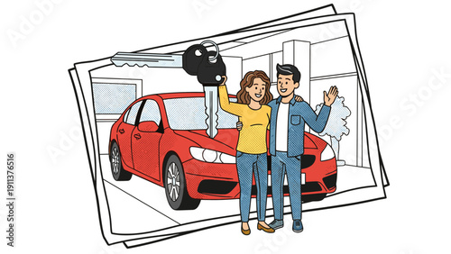 Happy couple receiving new car keys in modern cartoon style