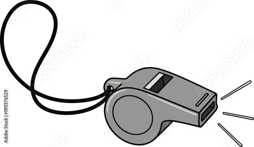 A gray whistle with a black cord