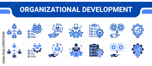 Organizational Development Icon Collection,  featuring Organization chart, Workforce, Employee, Talent, Development plan, Continuous improvement, Strategic.