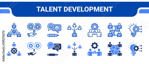 Talent Development Icon Collection,  featuring Talent management, Continuous improvement, Feedback, Delegation, Employee engagement, Team building, Innovation.