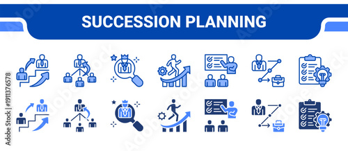 Succession Planning Icon Collection,  featuring Succession planning, Succession, Successor, Leadership development, Mentorship, Career path, Development plan.
