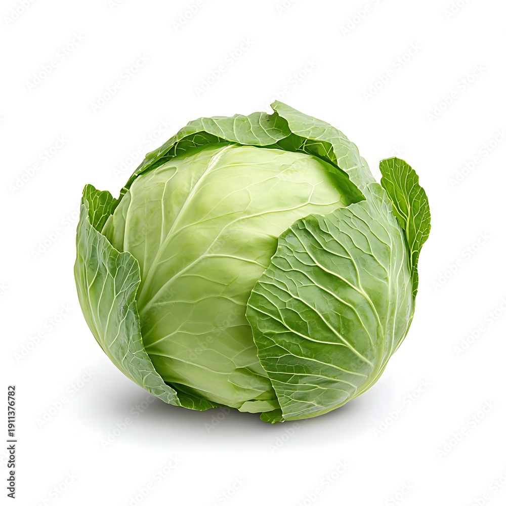 Fototapeta premium Fresh Green Cabbage with Crisp Leaves Isolated on White Background for Food Photography