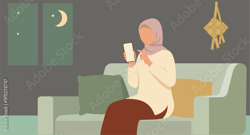 Muslim woman sitting on a sofa using a smartphone during a quiet Ramadan night at home, captured in a minimal flat style with soft tones for cultural, festive, and lifestyle theme