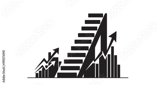 Growing graph with upward trend in modern minimalist style with bold black lines on white background for business presentation