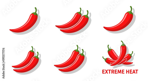A graphic illustration of red chili peppers with varying heat levels and an 'EXTREME HEAT' label on a clean white background, showcasing a chili rating icon set and spicy level indicators.