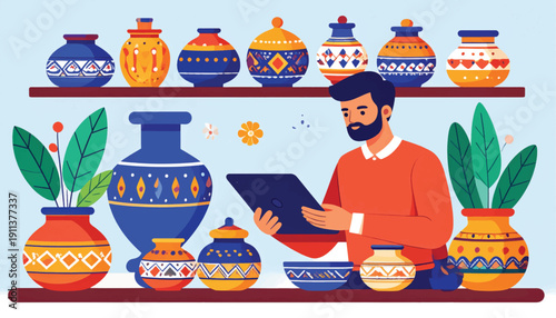 Man Examining Tablet Amidst Ceramic Vessels.