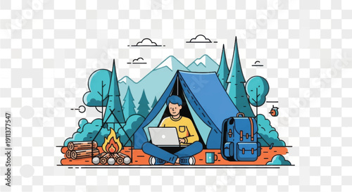 Woman Using Laptop Inside Blue Tent.