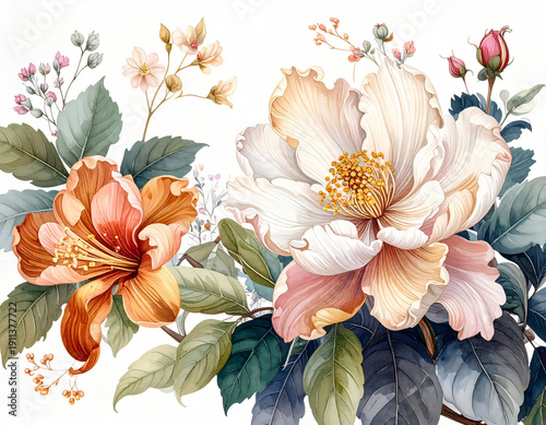 A vibrant botanical illustration featuring two large flowers one in orange and red tones, the other in cream and pink surrounded by smaller blossoms, buds, and lush green foliage. The composition high