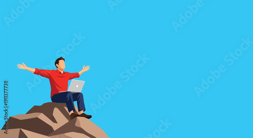 Man celebrating success on mountain peak with laptop and open arms, conveying freedom and achievement