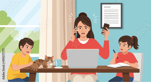 Mother balancing work and family life trying to multitask while working from home with kids and pet