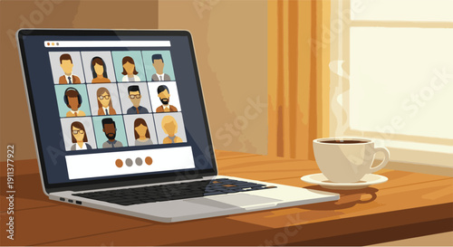 Engaging in a productive virtual meeting from a home office setup, showcasing online collaboration and remote team communication with a coffee break by the window