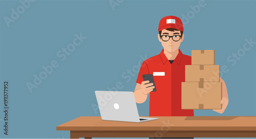 Dedicated delivery professional efficiently handling online orders and packages with digital tools, showcasing streamlined logistics for contemporary e-commerce operations