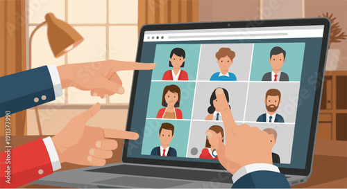 Hands pointing at diverse participants in a virtual video conference call on a laptop, illustrating remote team collaboration and online business communication