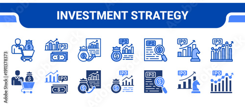 Investment Strategy Icon Collection,  featuring Investor, Equity, Capital gain, Market cap, Valuation, Strategy, Stock market.