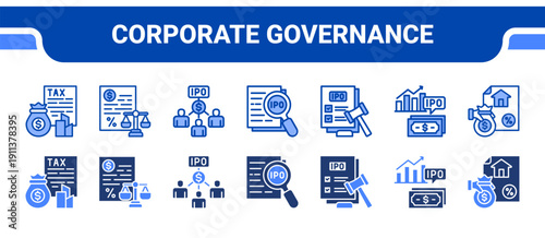 Corporate Governance Icon Collection,  featuring Corporate, Board, Shareholders, Disclosure, Regulations, Equity, Administration.