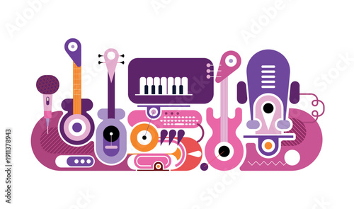 A vibrant modern vector illustration featuring musical instruments including guitars, a keyboard and a microphone. Designed in a flat geometric style isolated on a white background.