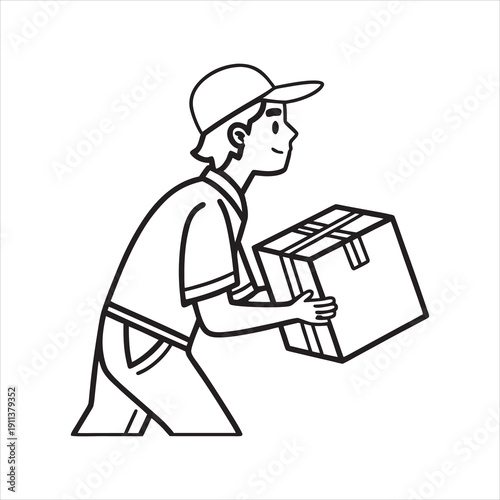  Delivery Man Carrying Box – Courier Service Line Art Vector