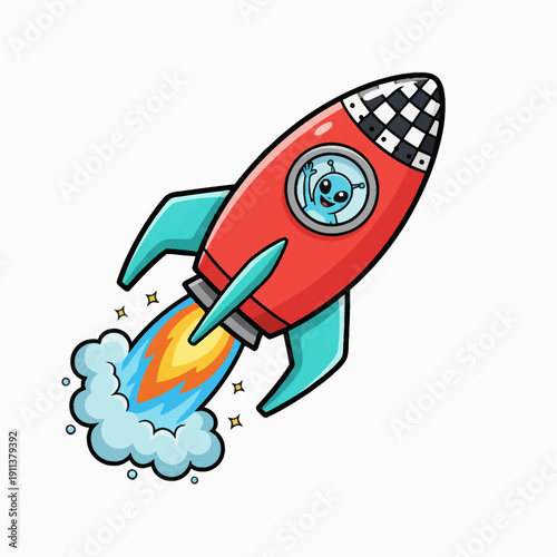 Cartoon vector illustration of a space rocket ship design icon flying through the sky for travel and transport art