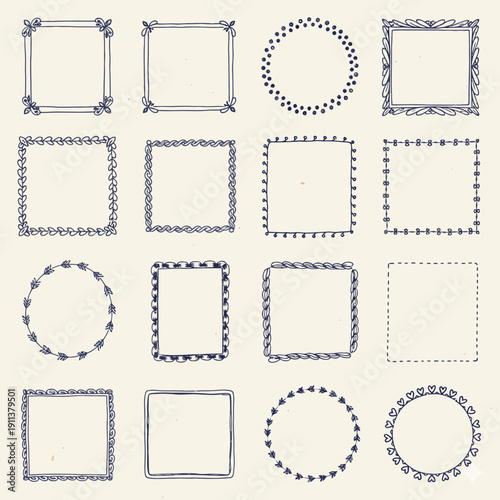 Set of vintage vector frames and postage stamp labels featuring blank paper borders and postal mail decoration patterns for a template design collection