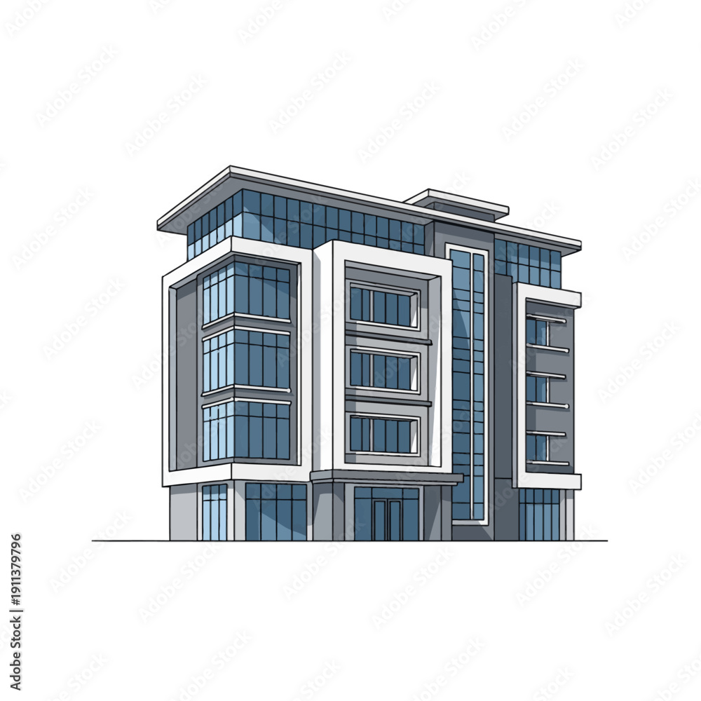 Fototapeta premium An old European city apartment building features a stone brick facade with glass windows and a wooden door under a blue sky