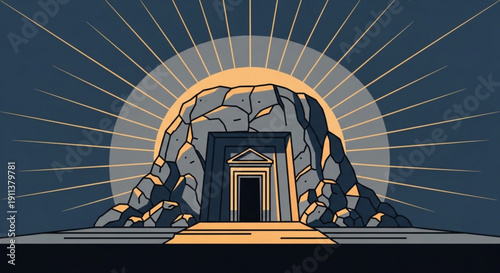 Ancient stone tomb entrance with radiating sunbeams representing mystery and discovery vector illustration for conceptual use