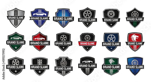 Collection of shield emblems with racing car silhouettes and text.