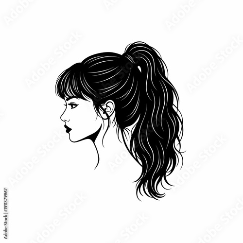 A beautiful brunette fashion model with long curly hair and glowing skin smiles in a studio as the wind catches her hairstyle, highlighting her glamorous makeup and elegant face