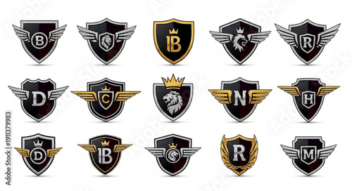 Collection of heraldic crests and emblems with letters and wings.