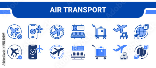 Air Transport Icon Collection,  featuring Flight, Boarding, Airport, Lounge, Luggage, Air Freight, Logistics.
