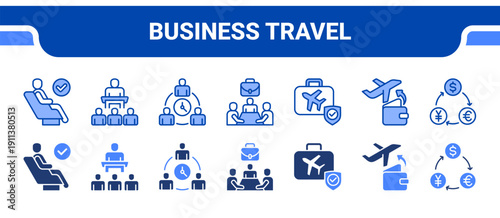 Business Travel Icon Collection,  featuring Business, Conference, Meeting, Meetings, Travel, Expenses, Currency.