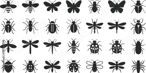 Collection of thirty insect silhouettes, diverse species including butterflies, beetles, dragonflies, ants, bees, educational entomology design reference