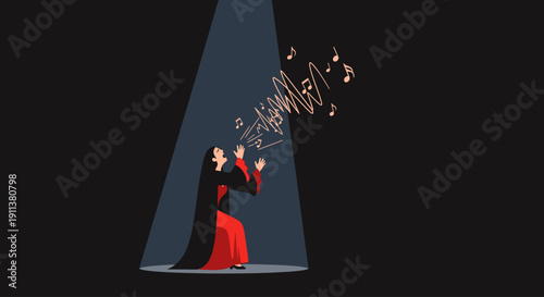 A powerful flat design illustration capturing the emotional intensity of a 'saeta', the traditional flamenco song sung during Semana Santa.