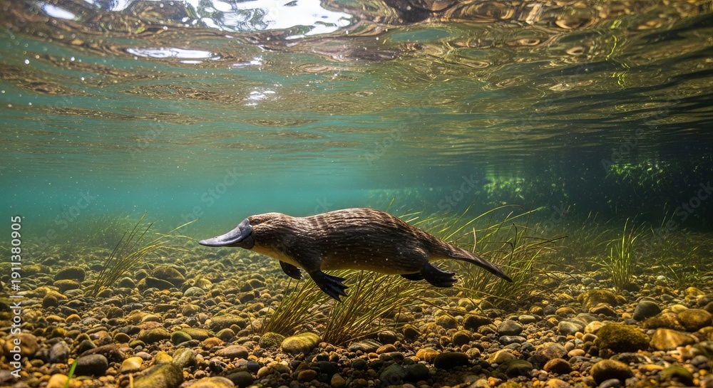 Fototapeta premium Platypus swimming in freshwater river, showing duck like bill and webbed feet. A unique egg laying mammal native to Australia, known for its rare evolutionary traits.