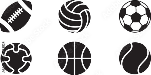 Sport ball set including football, volleyball, soccer, rugby, tennis, and basketball