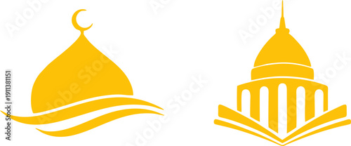 Yellow mosque dome and building silhouette with crescent moon symbols