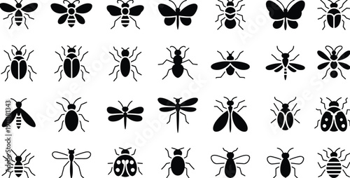Set of thirty black insect icons, stylized vector silhouettes of butterflies, bees, beetles, ants, dragonflies, flies, ladybugs, entomology design