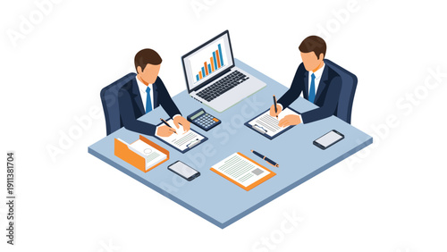 Business meeting with office equipment and two colleagues in