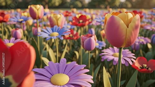 Colorful Flower Field Video With Tulips and Daisies In Bloom.