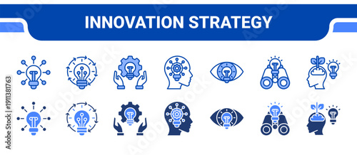 Innovation Strategy Icon Collection,  featuring Innovation, Innovative, Innovative solutions, Insightful, Visionary, Perspective, Growth mindset.