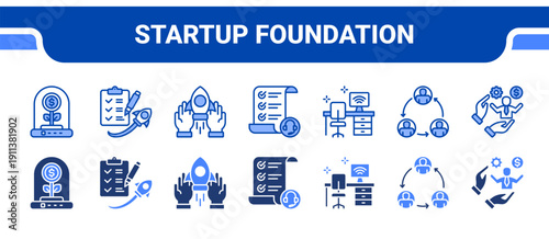Startup Foundation Icon Collection,  featuring Business incubator, Startup, Startup support, Business plan, Workspace, Resource, Entrepreneur.