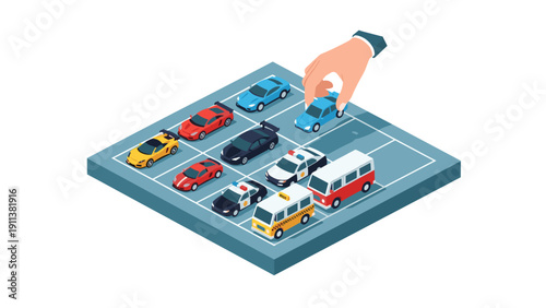 Isometric parking lot with toy vehicles and hand interaction on white