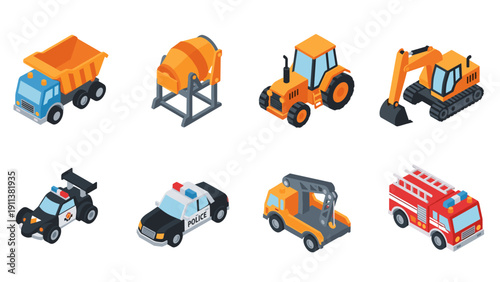 Isometric construction and emergency vehicles set in modern style