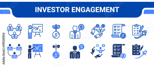 Investor Engagement Icon Collection,  featuring Investor relations, Pitching, Funding, Business advisor, Entrepreneur, Business plan, Startup.