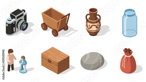 Vintage and modern objects in isometric style: camera, cart, vase
